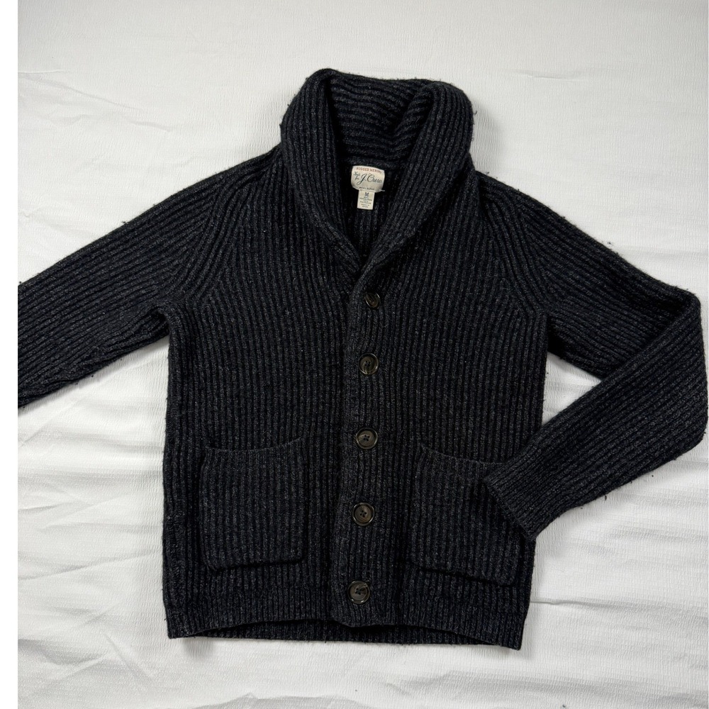 J.Crew Rugged Merino Wool Blend Ribbed Shawl Collar Cardigan Mens M Gray Grandpa